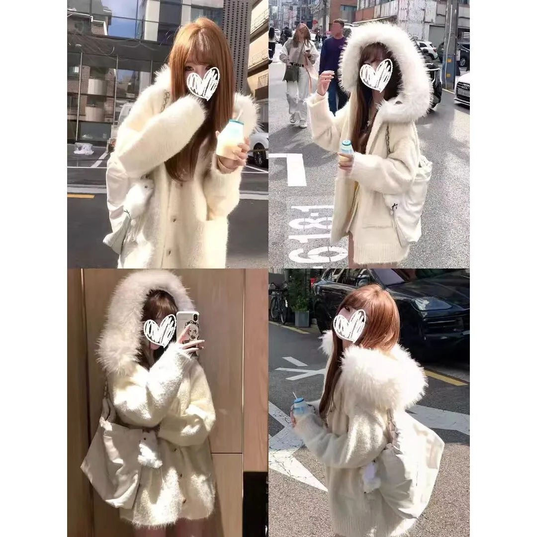 【新客特惠】拒绝起球的奶芙塔塔纯欲大毛领连帽宽松毛衣外套软糯针