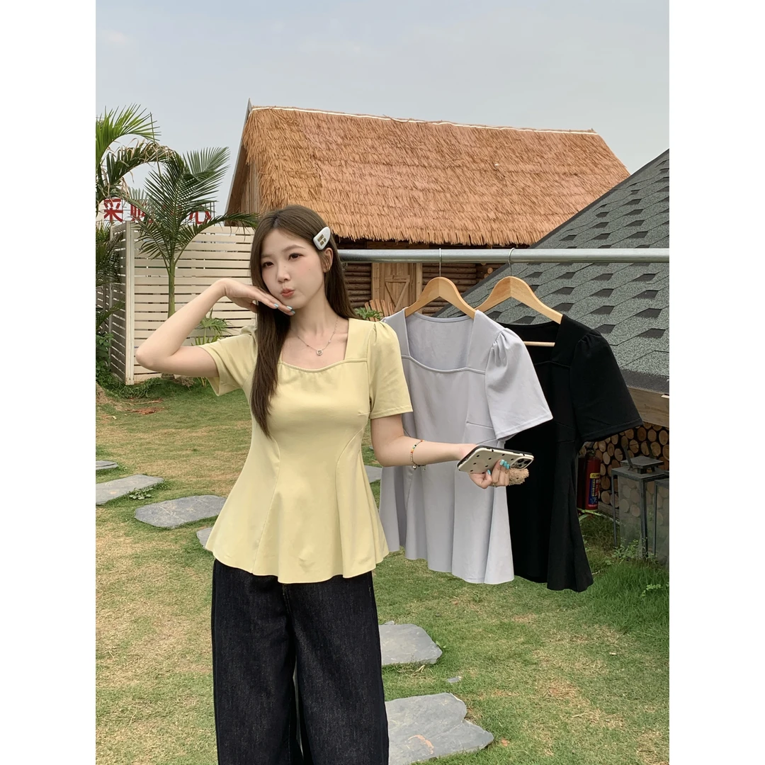 2025夏装时尚胖mm大码收腰百褶下摆短袖T恤纯欲方领正肩上衣64582