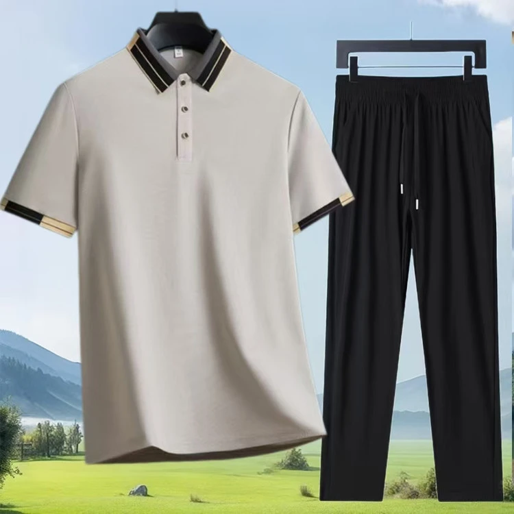 夏季休闲爸爸冰丝运动套装新款男士短袖POLO衫长裤两件装