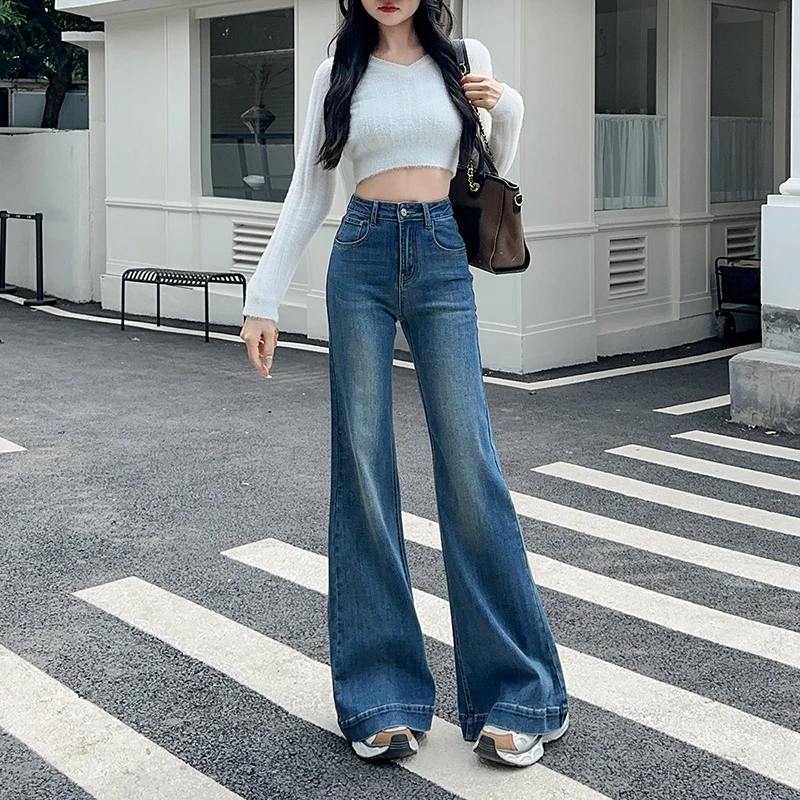 气质大长腿秋季新款高腰遮肚子微喇拖地裤米白色牛仔阔腿裤女