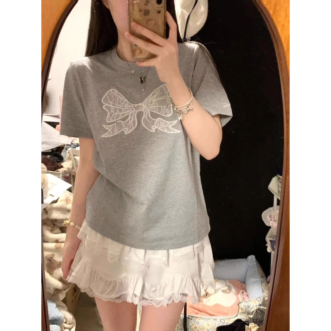 灰色蝴蝶结印花短袖T恤女夏季2024新款休闲百搭设计感别致上衣潮