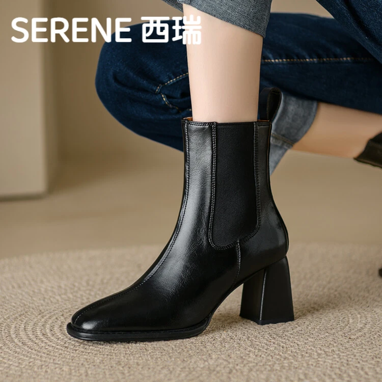 西瑞黑色厚底马丁靴秋冬明星同款百搭鞋子粗跟短靴2025流行款女靴