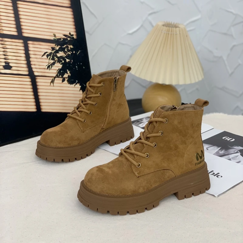 复古粗跟马丁靴女2025秋冬季网红侧拉链工装大黄靴美拉德绒面短靴
