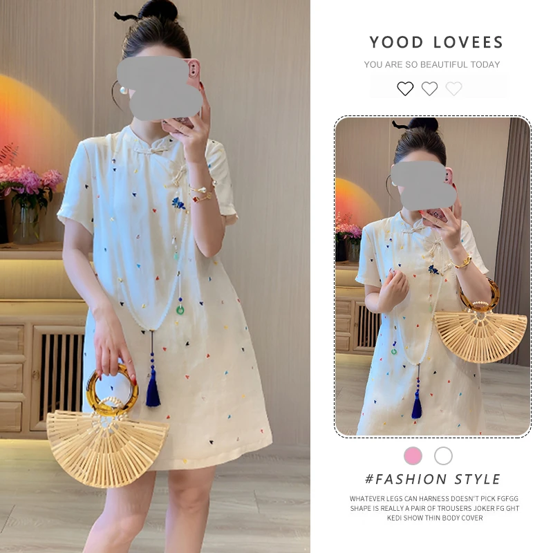 新中式盘扣短袖旗袍裙女2025夏季新款流行爱心印花短裙设计感裙子