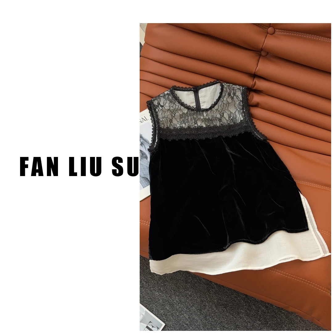 【FANLIUSU】黑色蕾丝丝绒拼接小衫设计感洋气上衣2025新款女士夏季
