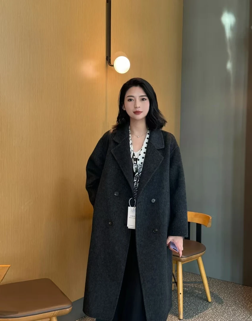【H01】2025春季新款女装双面羊毛大衣宽松百搭碳黑色四粒扣中长款