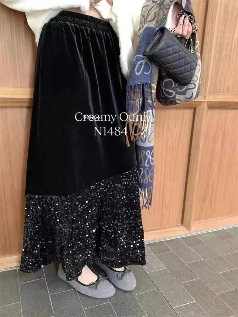 杨杨 丝绒拼亮片裙N1484