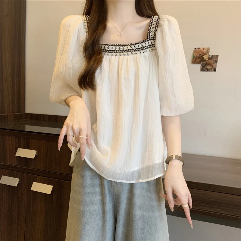 大码法式方领泡泡袖雪纺短袖衬衫女夏季胖mm遮肚子显瘦娃娃衫上衣