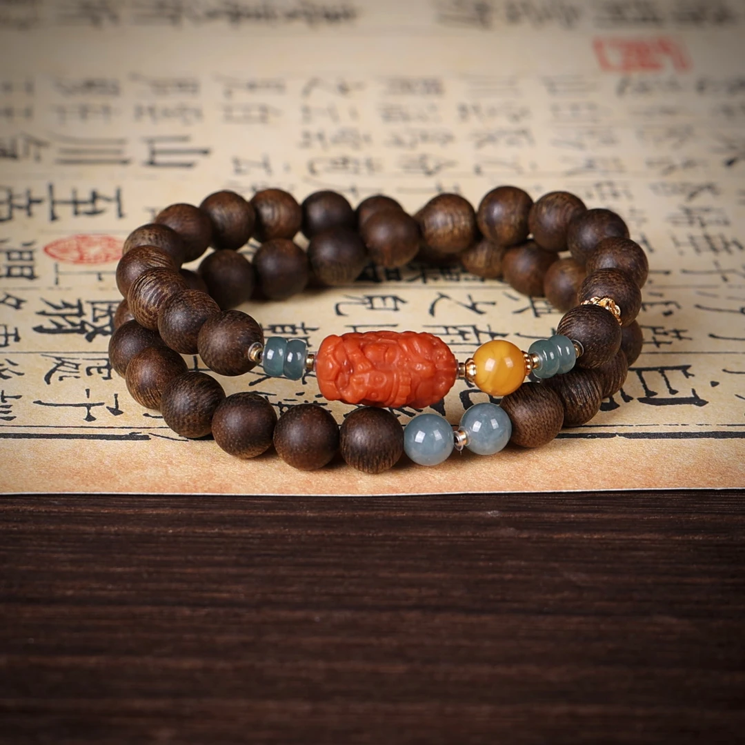 沉香【奇香堂】沉香手串-沉水玉化老白棋0.8双圈扎基拉姆设计款