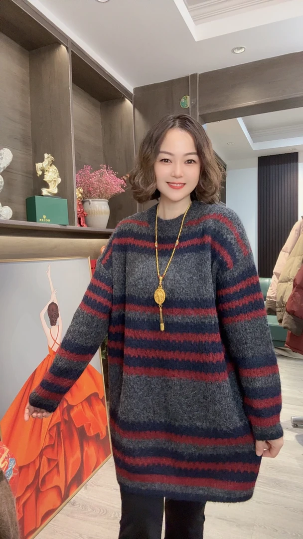 【 条纹2121】韩版圆领加厚冬款时尚慵懒风毛针织套头上衣