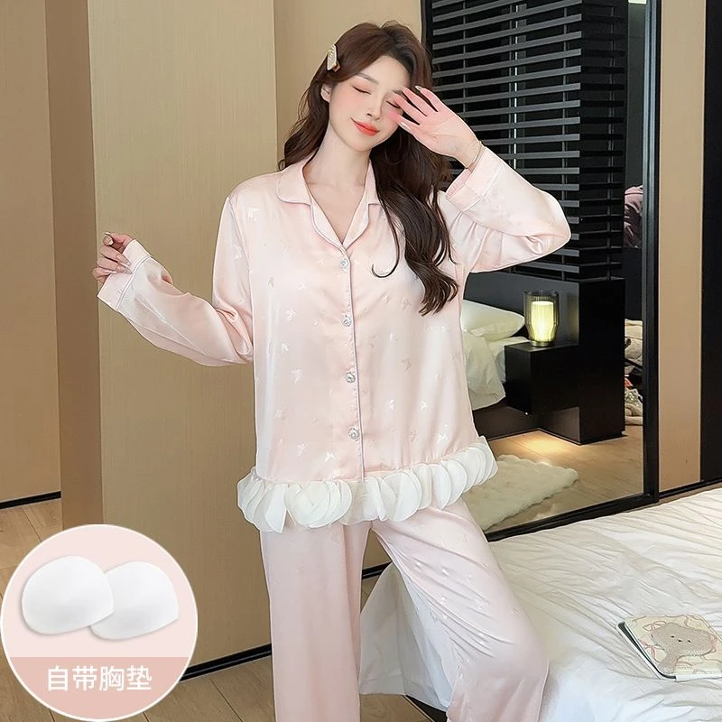 【带胸垫】春夏新款睡衣女冰雪丝提花休闲家居服套装