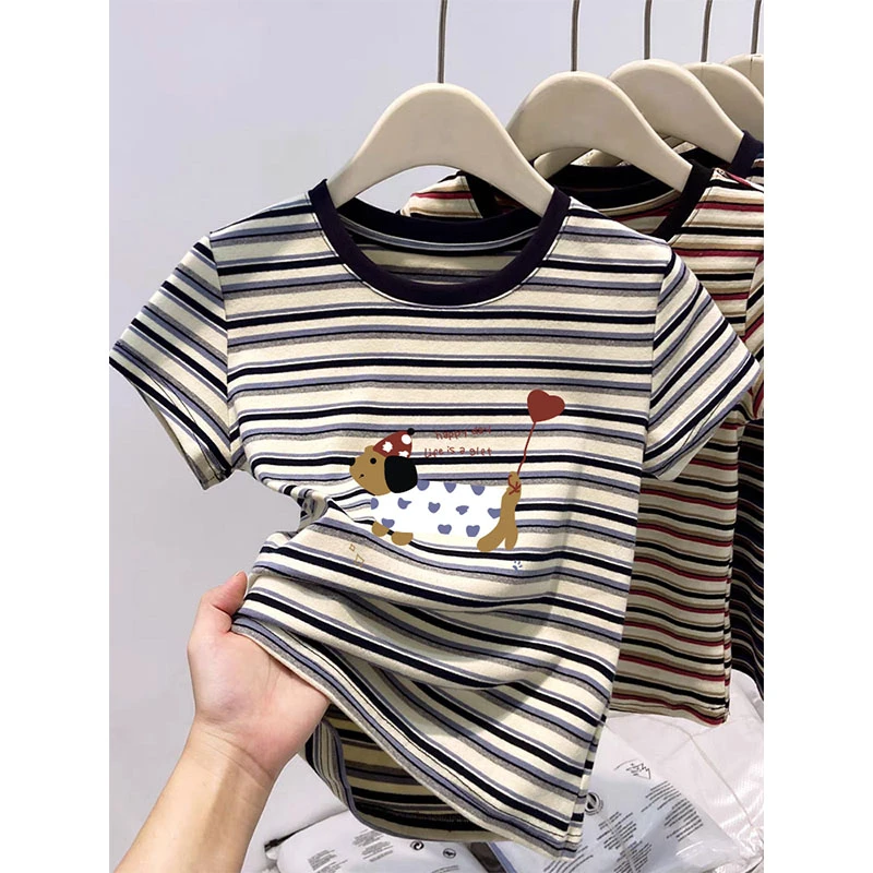 条纹拼色正肩短袖t恤女装小众设计感时尚百搭洋气上衣2025夏季潮