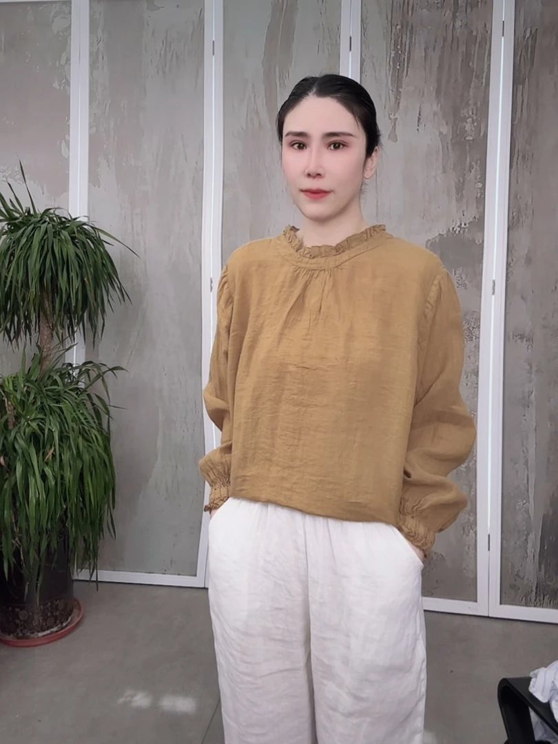 （樱花粉+姜黄+天蓝）新款诺曼底汉麻木耳领袖口衬衫女XHH 5062