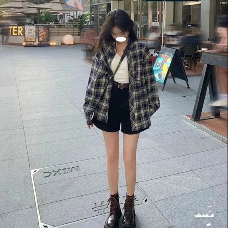 格子衬衫女士上衣春夏季韩系宽松慵懒风复古长袖衬衣开衫外套