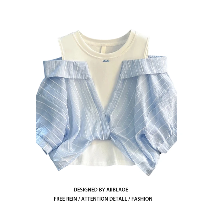 纯欲港风假两件短袖蓝色条纹衬衫女夏季百搭衬衣设计感小众上衣服