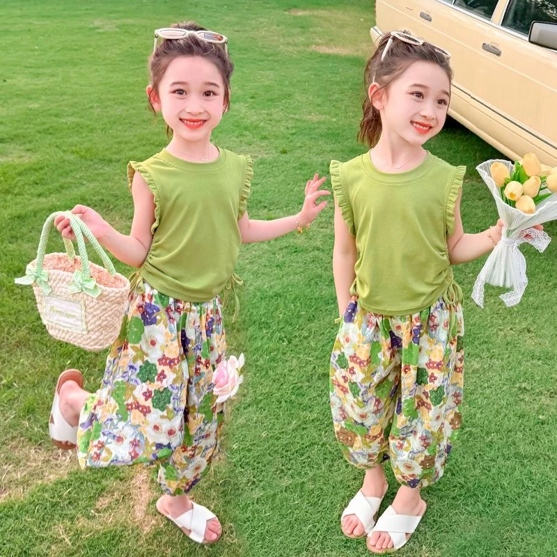 女童夏装套装2025新款洋气儿童防蚊裤夏季女孩飞袖上衣裤子两件套
