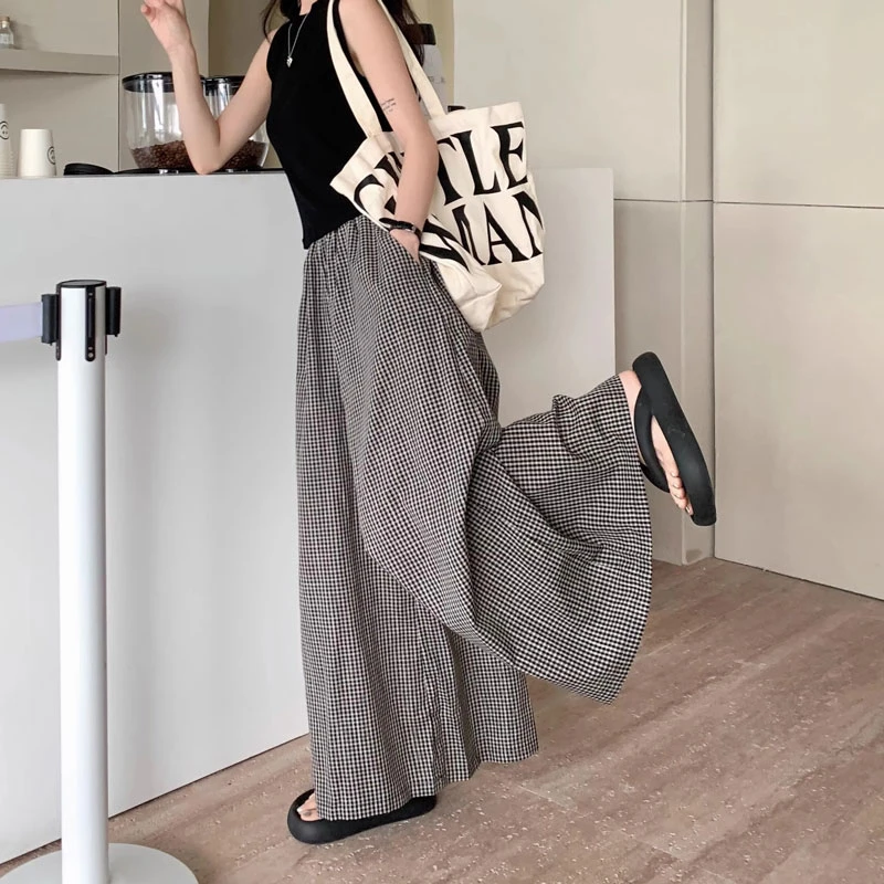 格子大摆A字阔腿裤女夏新款复古宽松外穿高腰直筒显瘦薄款休闲裤