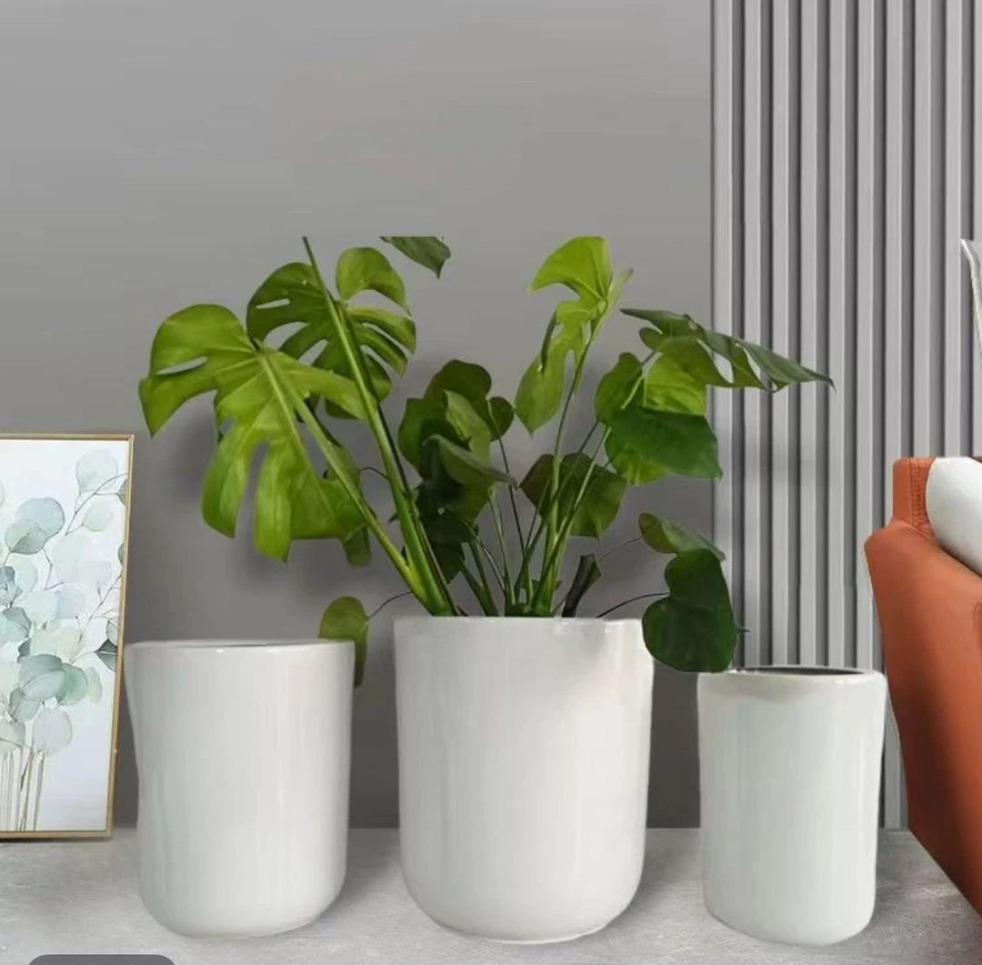 纯白 U型圆直筒手工高温陶瓷落地大花盆室内特大号花盆（微瑕）