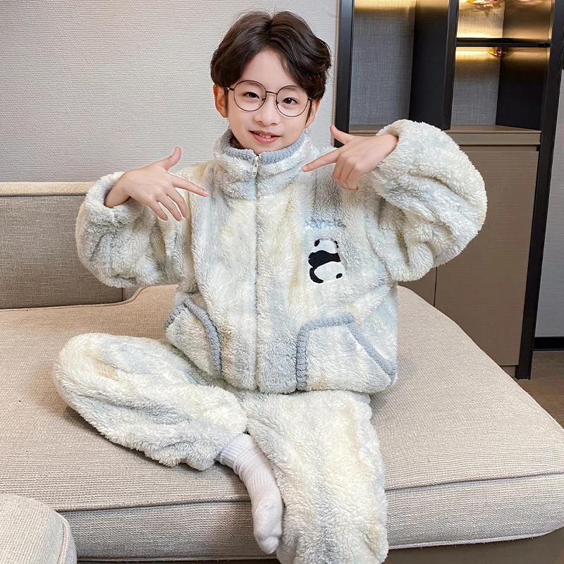男童睡衣秋冬季儿童珊瑚绒加厚2025新款男孩大童洋气青少年家居服