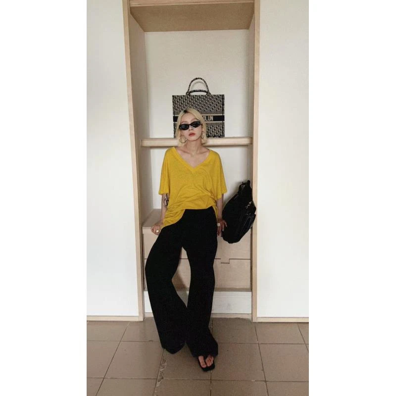 HELLOTANGO《松弛天菜》夏季韩版宽松大版竹节棉微透v领T恤55508#