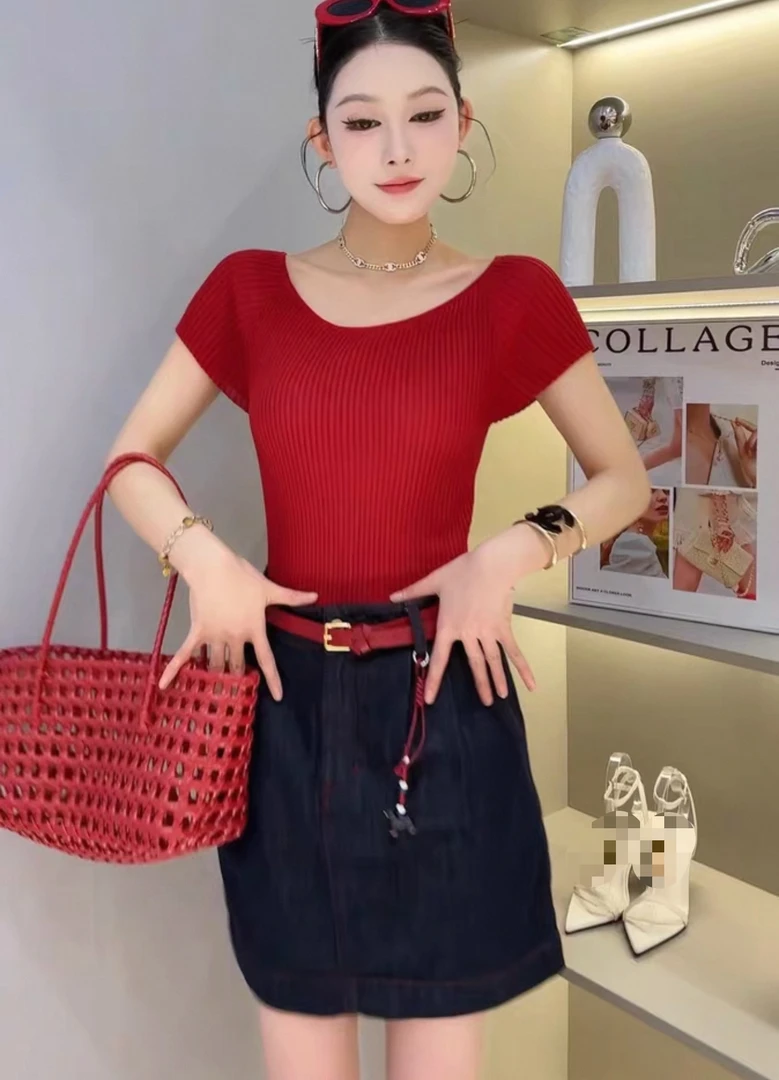 淑雅阁服饰  休闲风夏季飞飞袖短袖女针织衫韩版时尚修身80053