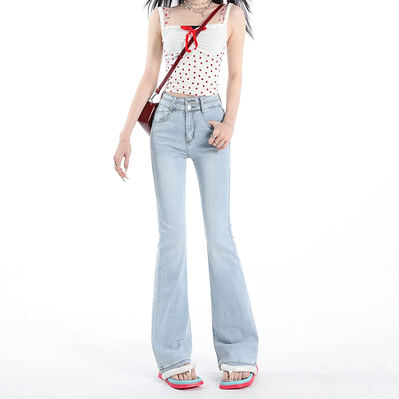 2025秋装年新款弹力早春季微喇牛仔裤女高腰宽松显瘦弹喇叭裤浅蓝