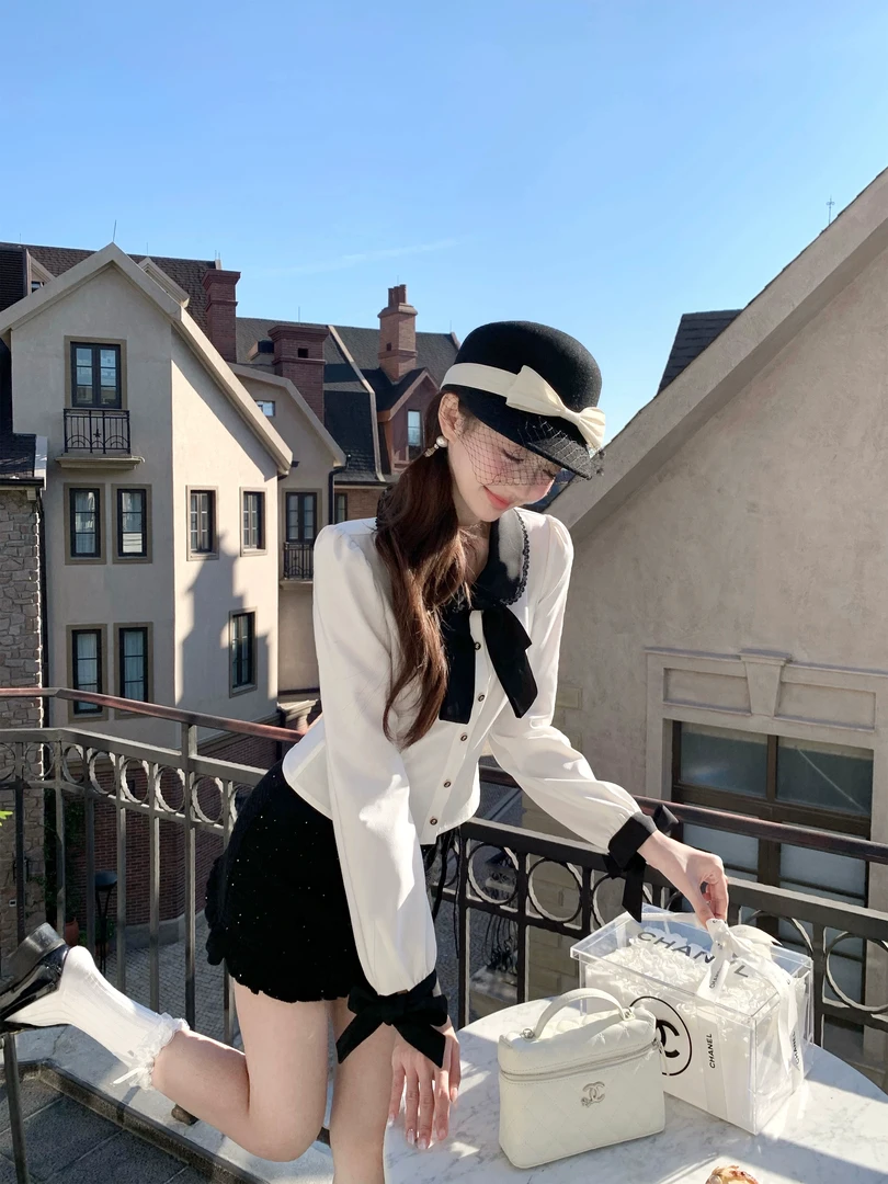 黑茶少女 赫本千金感蝴蝶结系带衬衫法式复古粗花呢小香风半身裙
