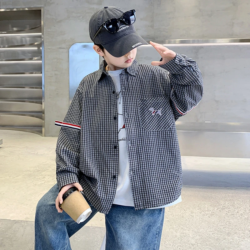 男童春秋韩范长袖格子衬衫2025新款儿童男孩春装痞帅宽松衬衣外套