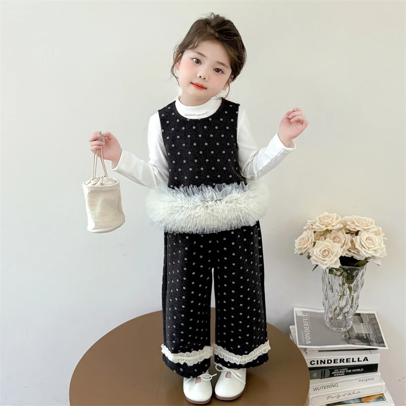 中小童秋季套装2025新款儿童洋气女宝宝时尚波点网纱阔腿裤三件套