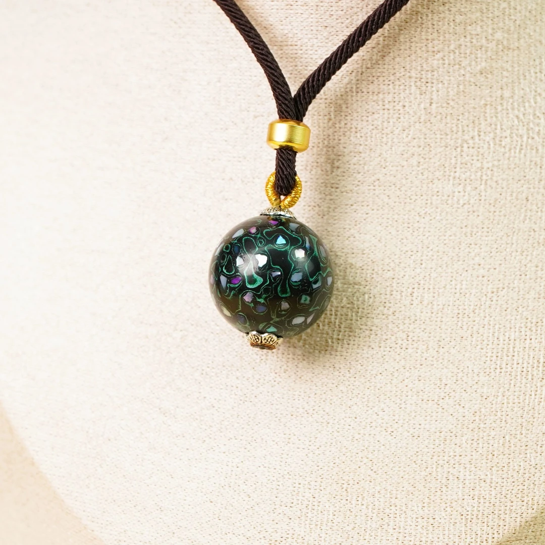 闽越大漆非遗漆珠规格20mm极光绿满螺钿镶嵌单珠挂脖配饰漆珠