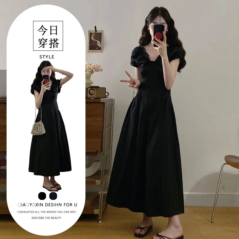 大码女装2025夏季新款法式收腰显瘦赫本风V领连衣裙气质洋气长裙