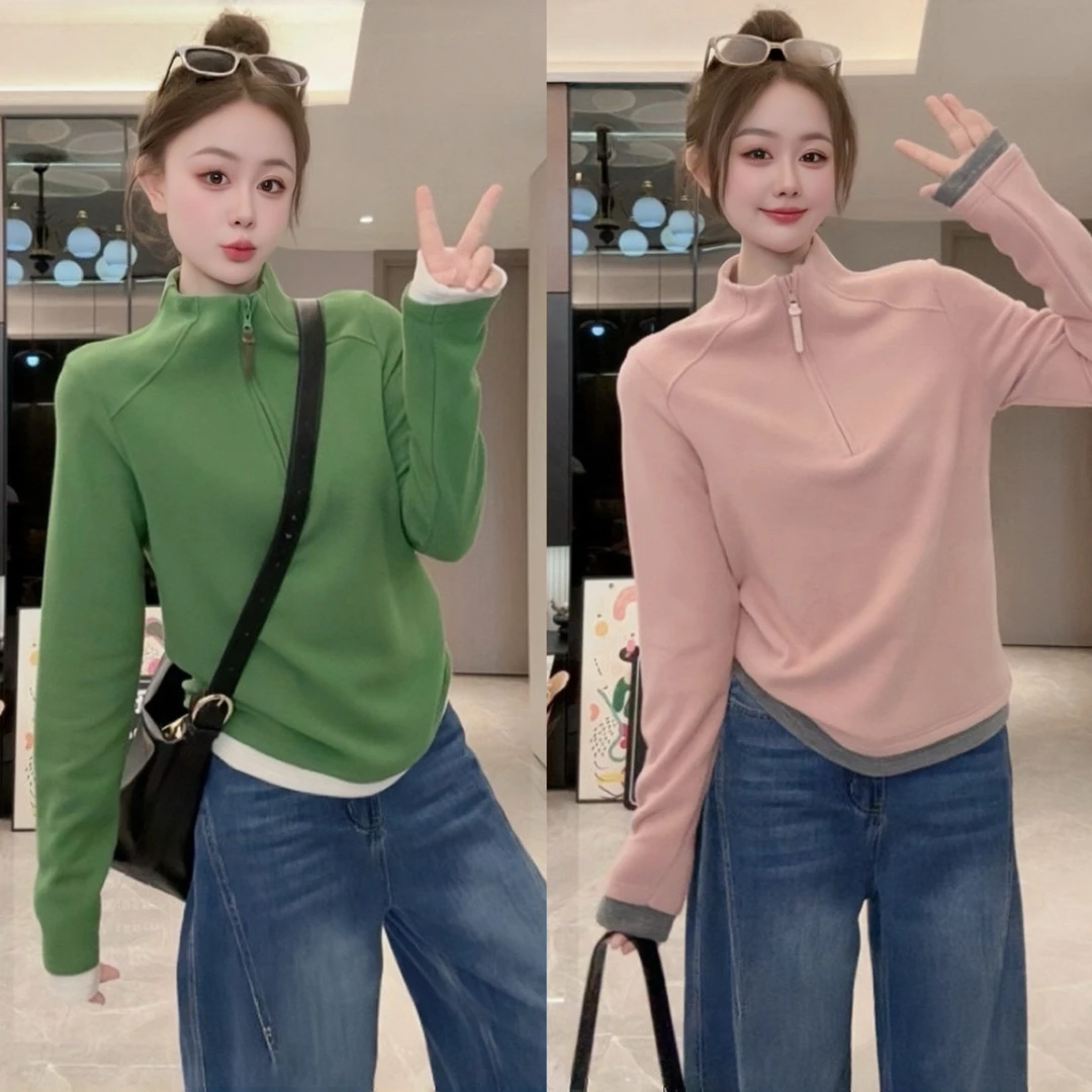 2025秋冬磨毛保暖打底衫上衣欧货设计感半拉链拼色德绒长袖卫衣女