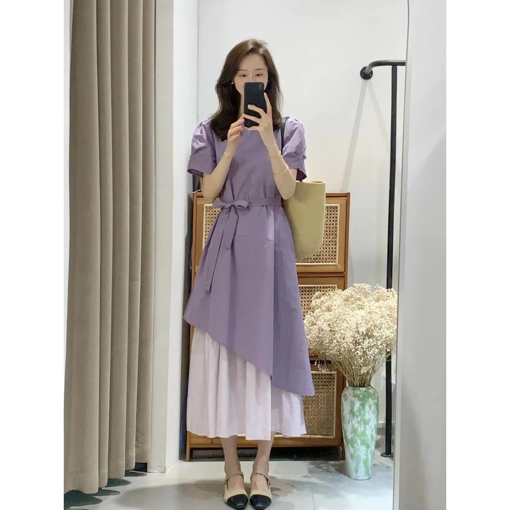 夏日绝美小裙子独特漂亮气质高级感收腰显瘦大码紫色假两件连衣裙