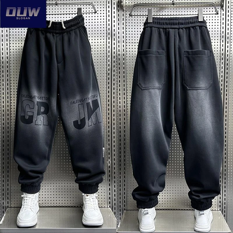 O.U.W2025秋季字母渐变色裤子男士休闲卫裤青年痞帅束脚哈伦裤子