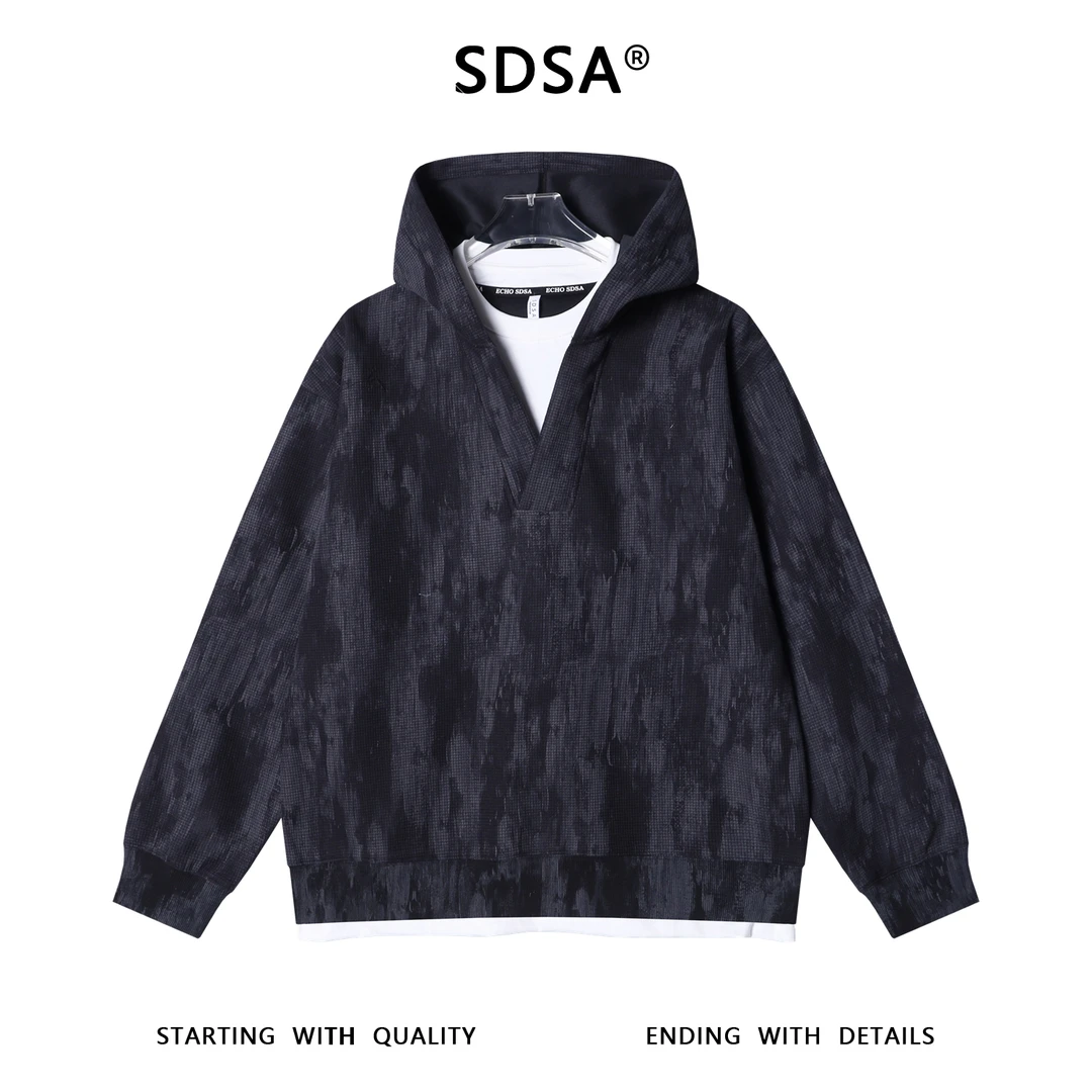 SDSA男士秋冬新款痞帅男装韩版扎染撞色连帽假两件卫衣简约百搭