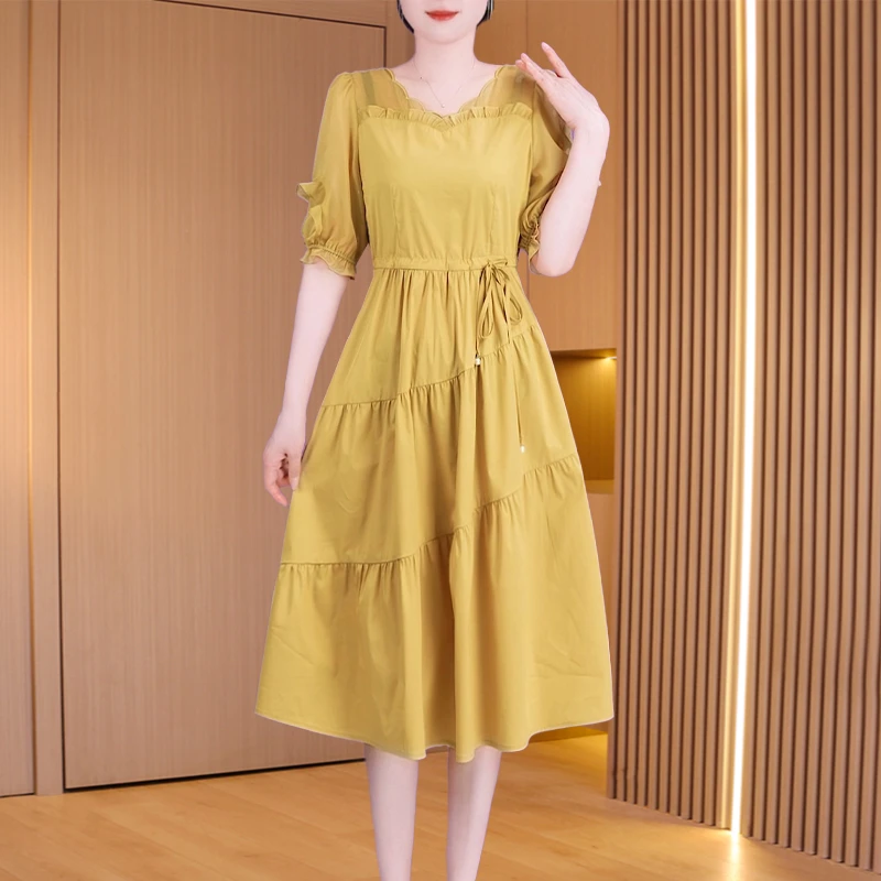 春日出行游玩黄色裙子女春夏季新款遮肚子宽松显瘦连衣裙减龄气质