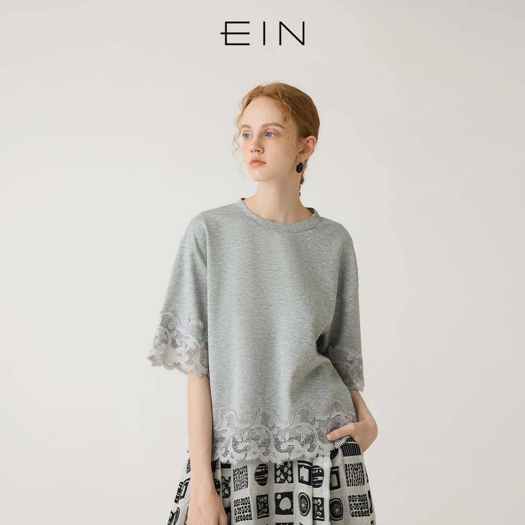 EIN/言浪漫蕾丝花边拼接圆领落肩袖文艺休闲T恤上衣2025夏季新款
