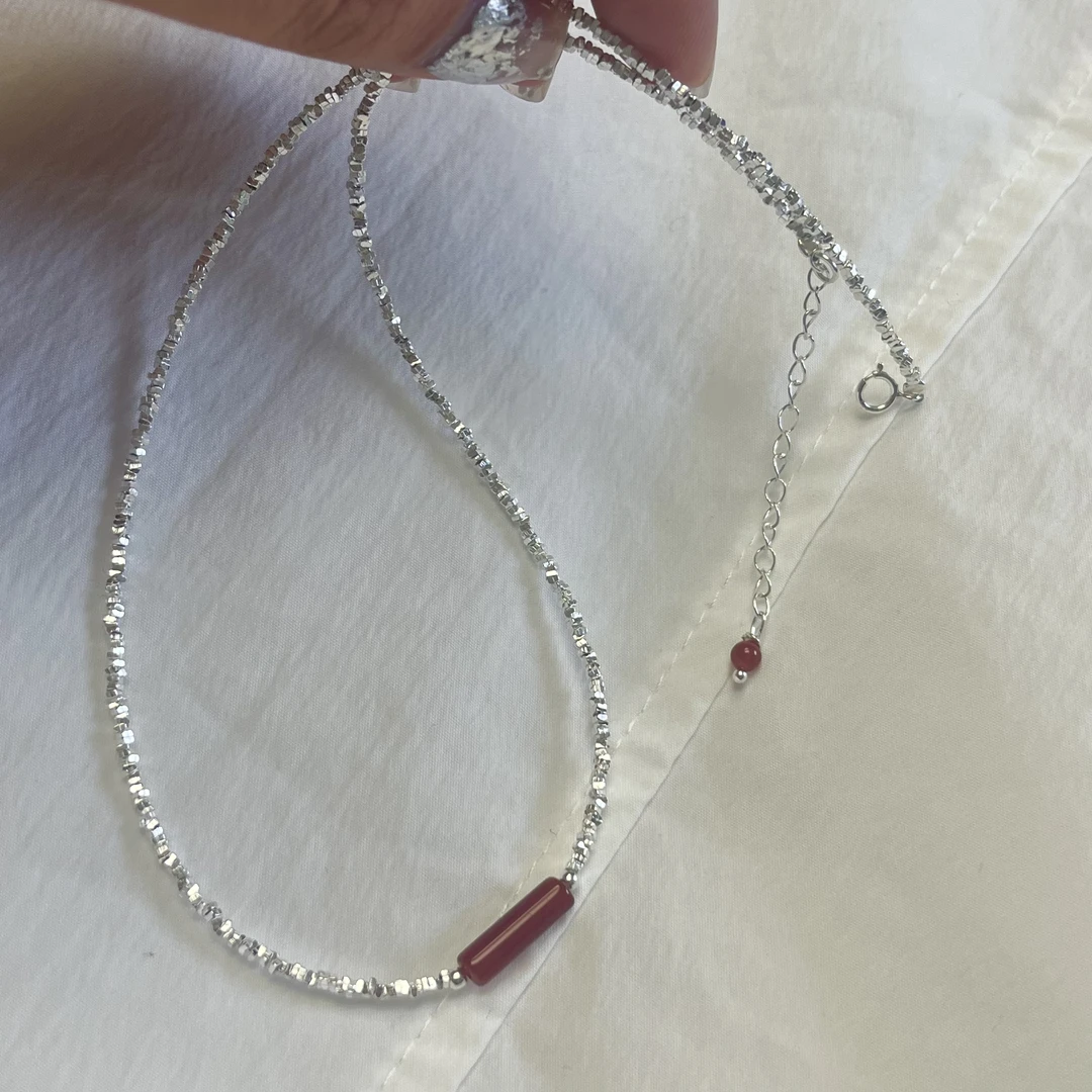 坠链均925银 韩ins百搭气质简约 碎银红管项链
