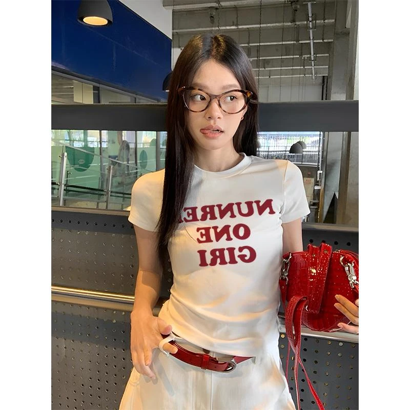 白色辣妹短款短袖t恤女夏季新款修身显瘦印花百搭韩版高腰上衣潮