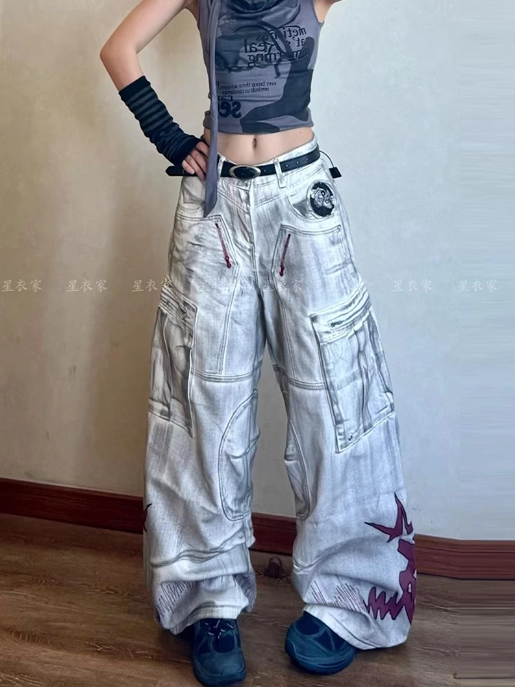 美式高街设计感火焰印花工装裤子秋季复古朋克辣妹做旧脏染拖地裤