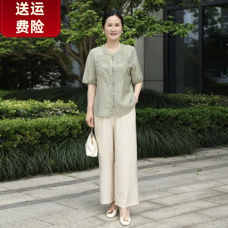 2025新款夏季短袖新中式衬衫两件套中年妈妈装洋气天