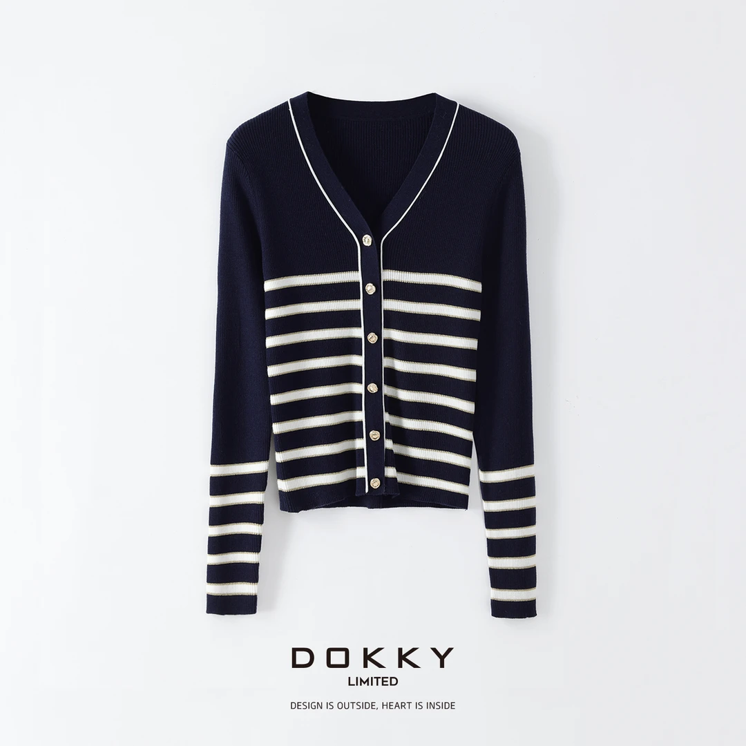 Dokky「金线乐章」定织金丝绵羊毛混纺.学院风条纹针织开衫D0098