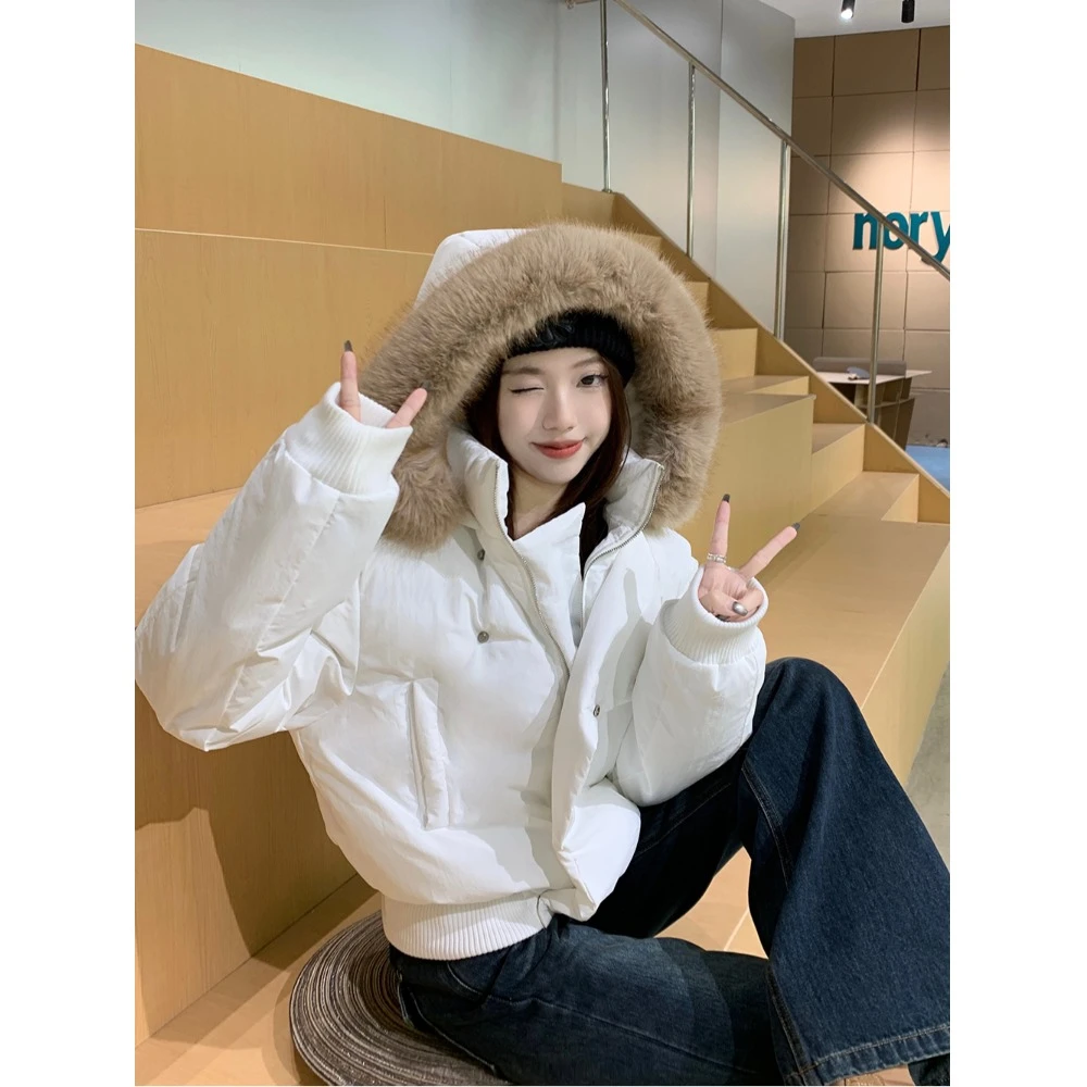 美式慵懒风长袖连帽毛毛领棉袄女冬季白色小个子短款宽松棉服外套