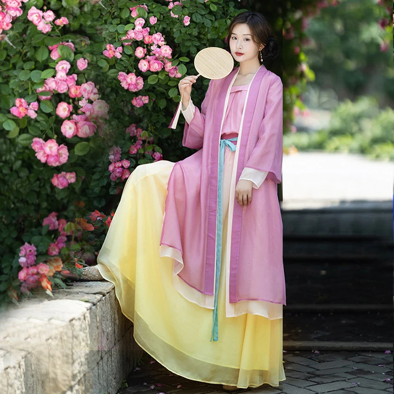 现货【合欢袅袅】复古对襟直领长开衫雪纺半身裙女夏改良宋制套装