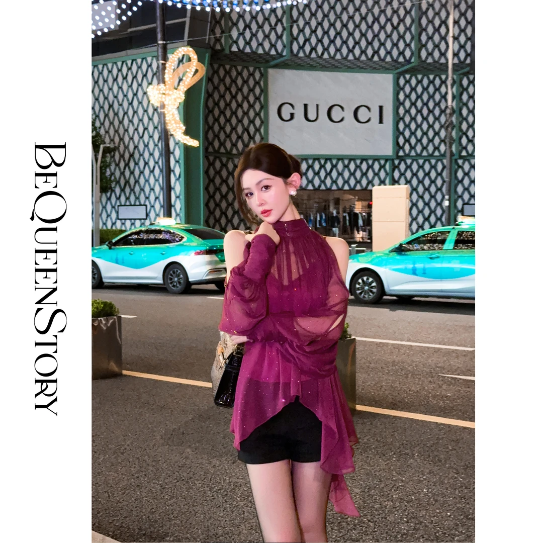 余潇潇【冷艳缪斯】时尚舒适透气灵动烫钻宽松立领飘带上衣早秋