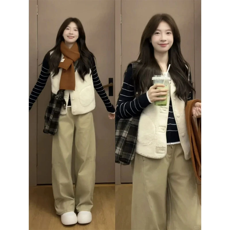 时尚系扣V领单排扣两面穿颗粒绒马甲外套上衣T恤显瘦直筒宽松裤子