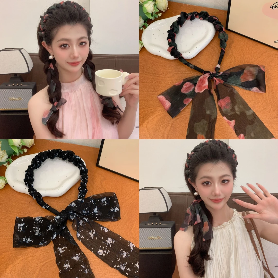 【繁花璀璨】夏季编发发箍碎花编发发带新款飘带丝巾一体头饰发箍