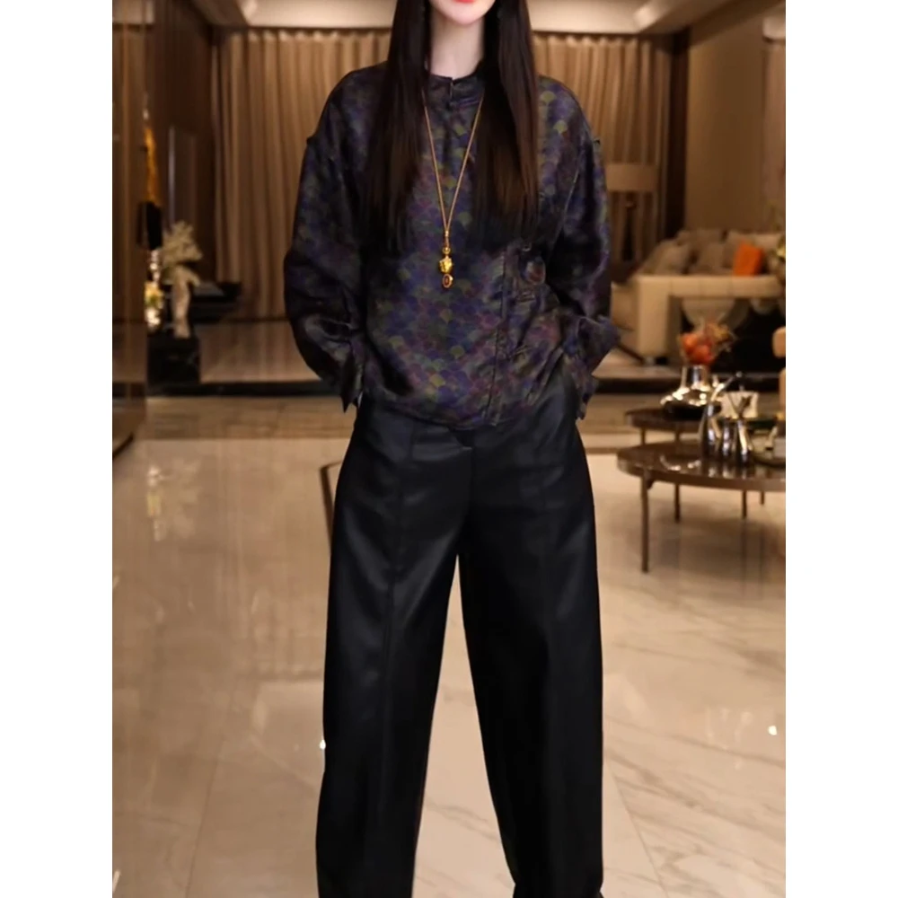 高级感轻奢裤套装女2025秋季新款小众印花长袖显瘦衬衫+百搭裤子