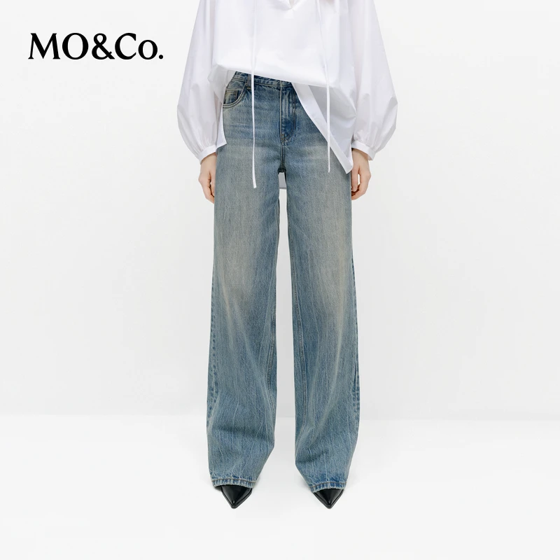 【赵老板专属】MOCO牛仔裤2025春手工洗磨抓痕及地阔腿裤MBE1JEN022