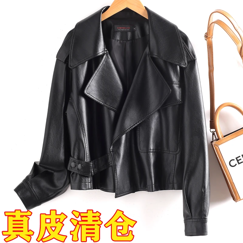 2025秋冬新款海宁真皮皮衣女短款翻领宽松绵羊皮机车服夹克外套